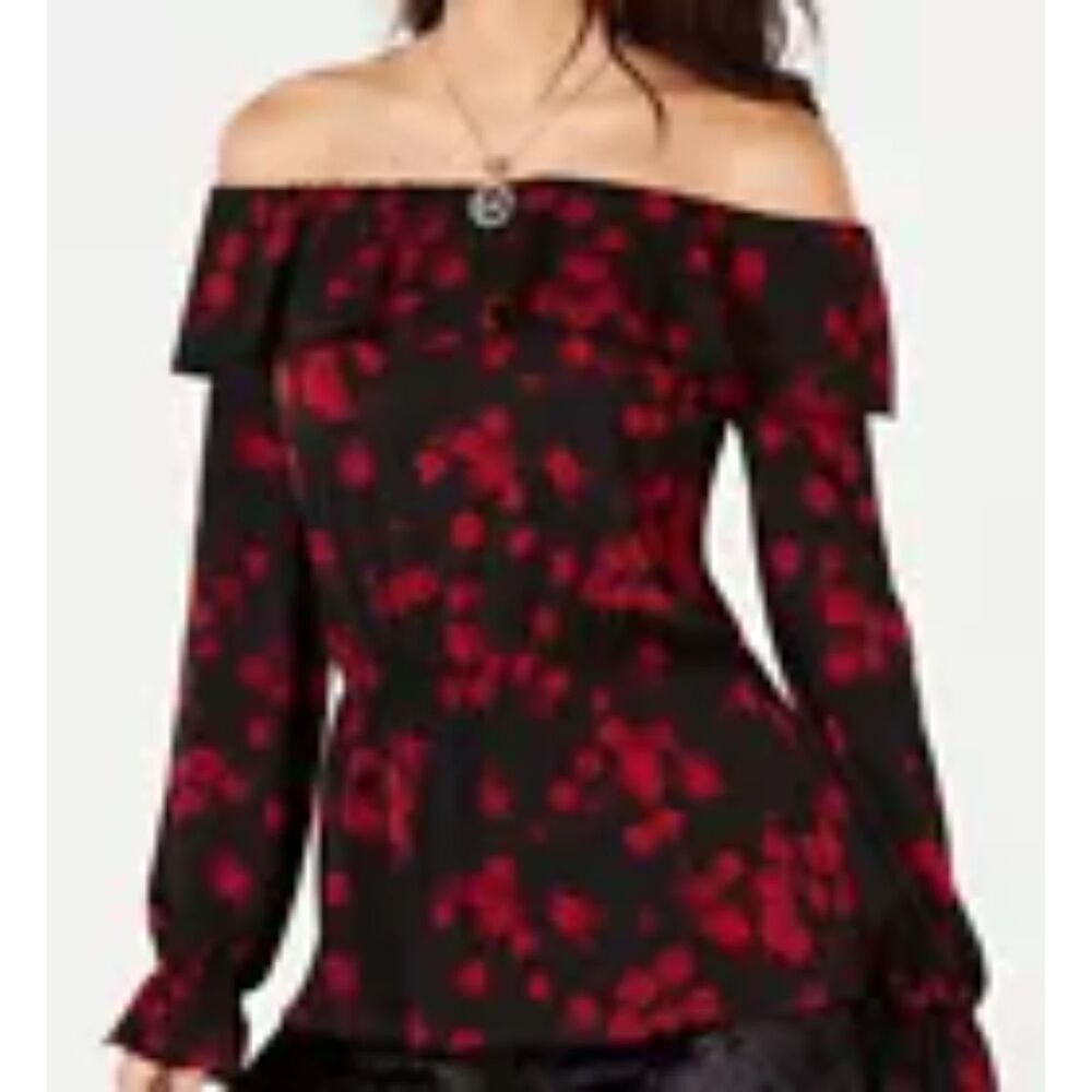 Michael Kors Top Womans XS Black Red Floral Peplum Ruffle Neck Pullover Blouse
